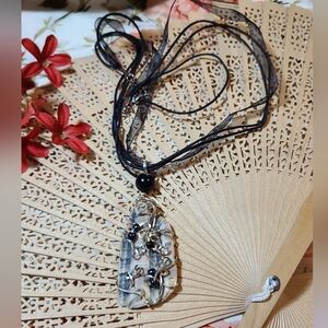 Elegant Black and Silver Wrapped Pendant Necklace